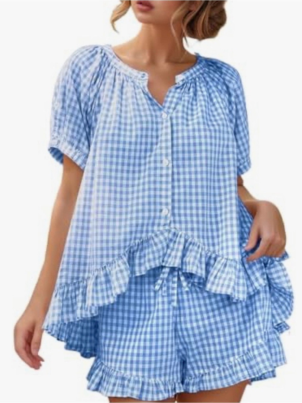 Women’s Gingham Blue Cotton Ruffle Pajama Set Size Large